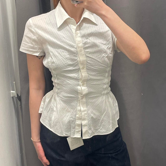 White Cinched Waist Blouse