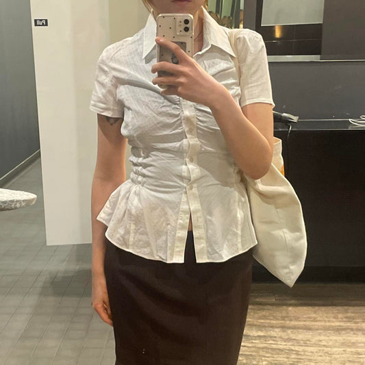 White Cinched Waist Blouse